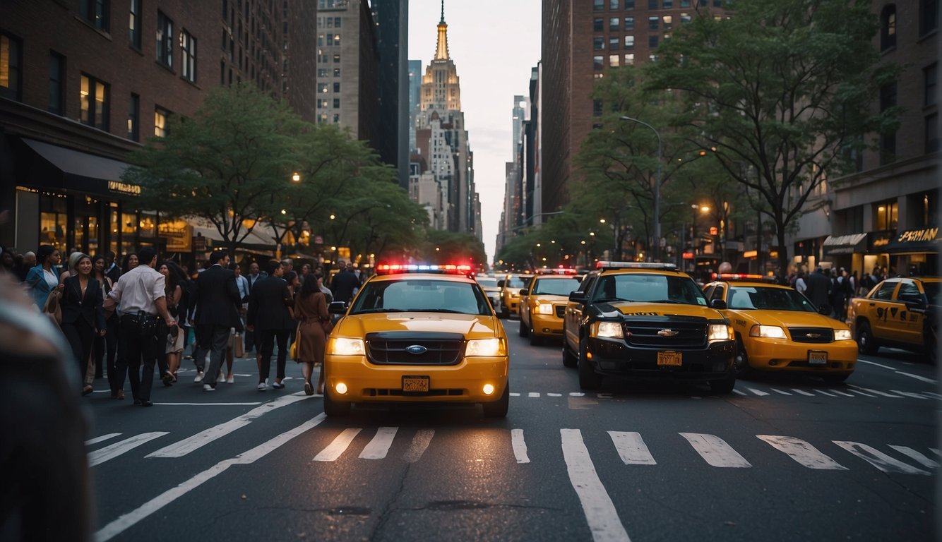 Busy New York City street with diverse people and iconic landmarks. Police presence and well-lit areas provide a sense of safety for travelers and locals